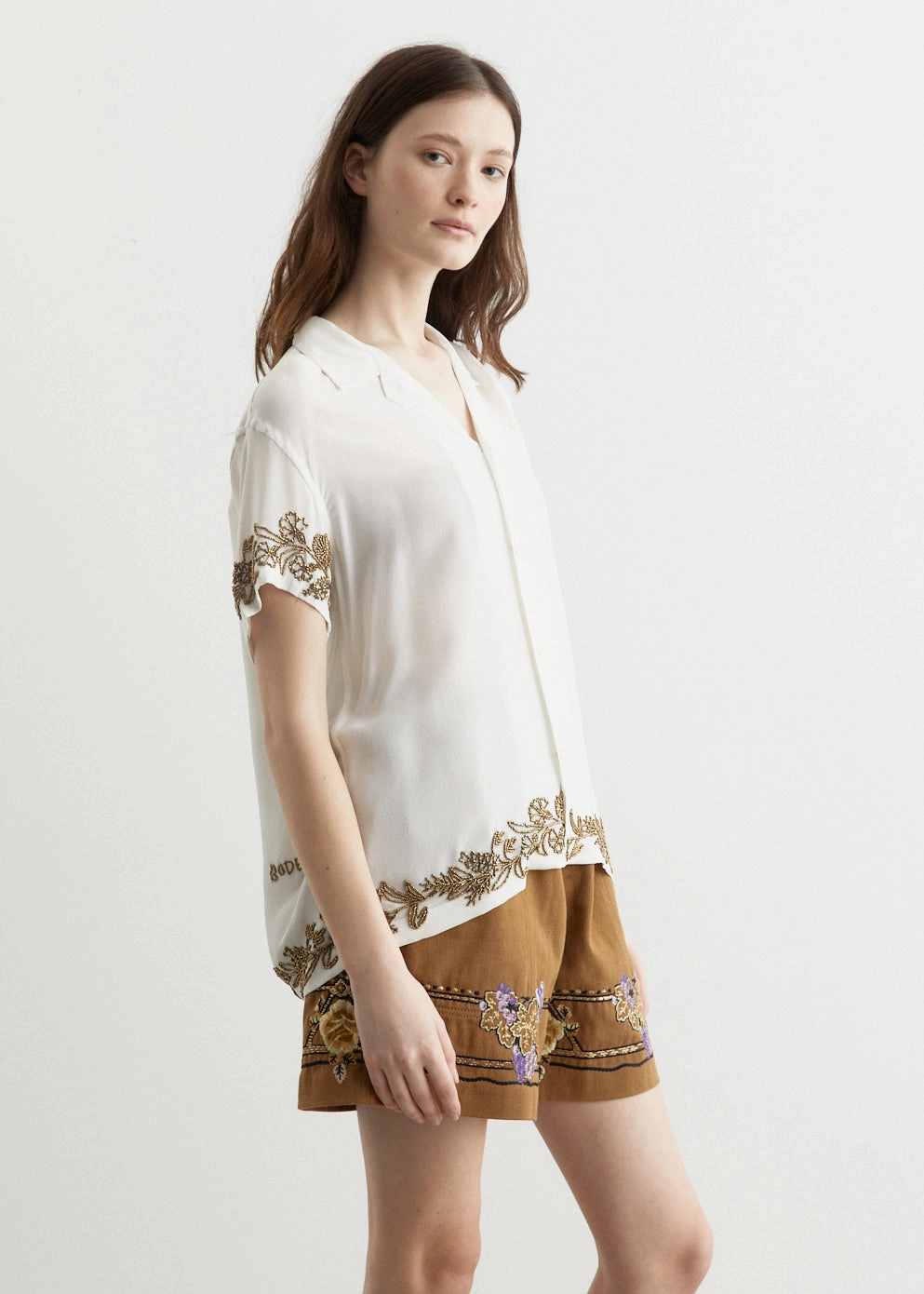 Beaded Wheat Flower Short-Sleeve Shirt