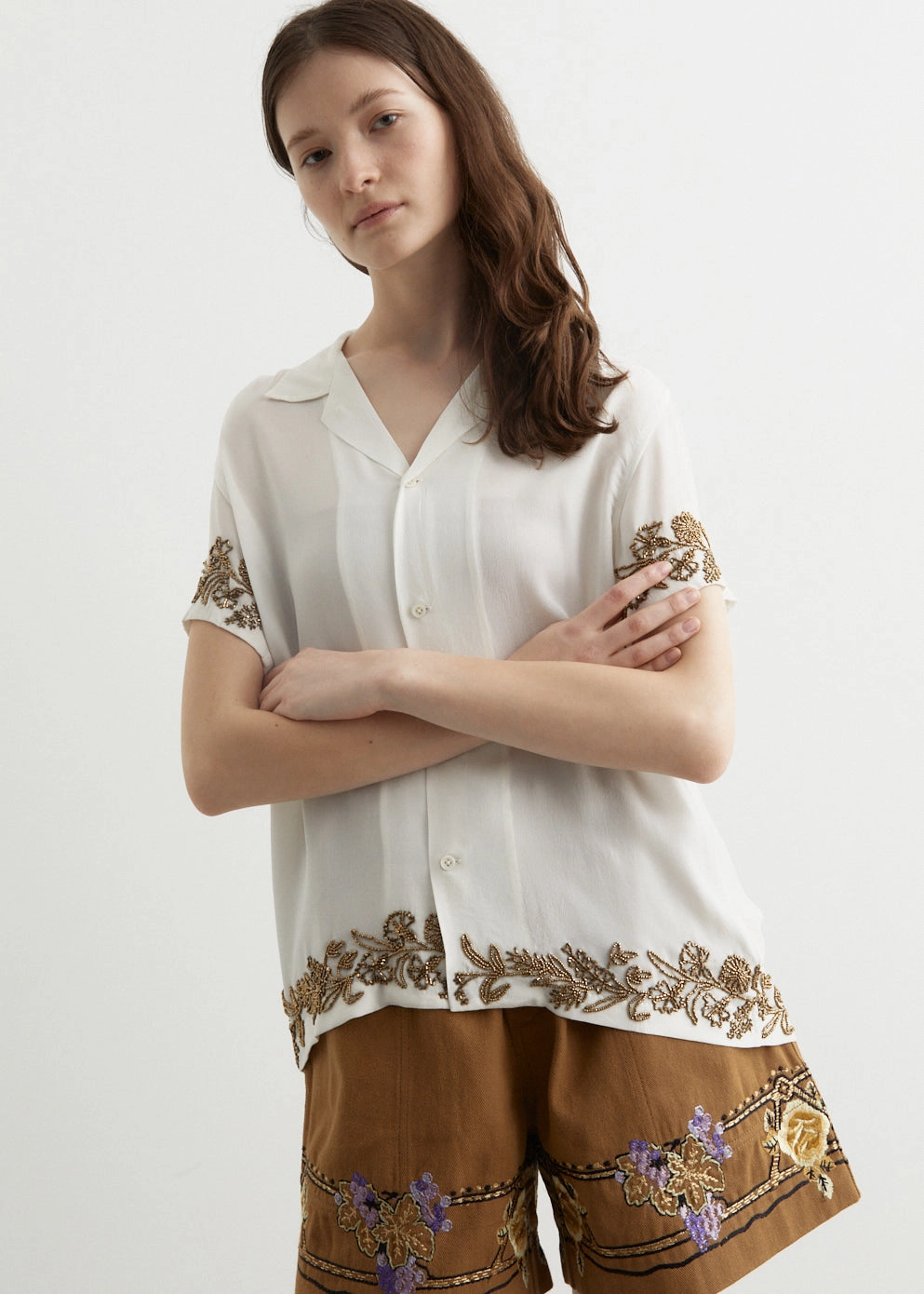 Beaded Wheat Flower Short-Sleeve Shirt
