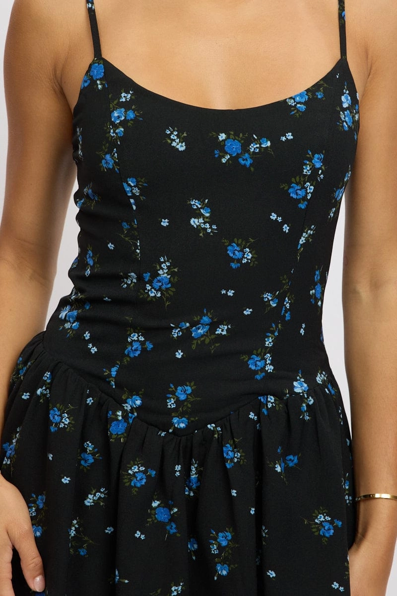 Black Floral Fit And Flare Dress Mini