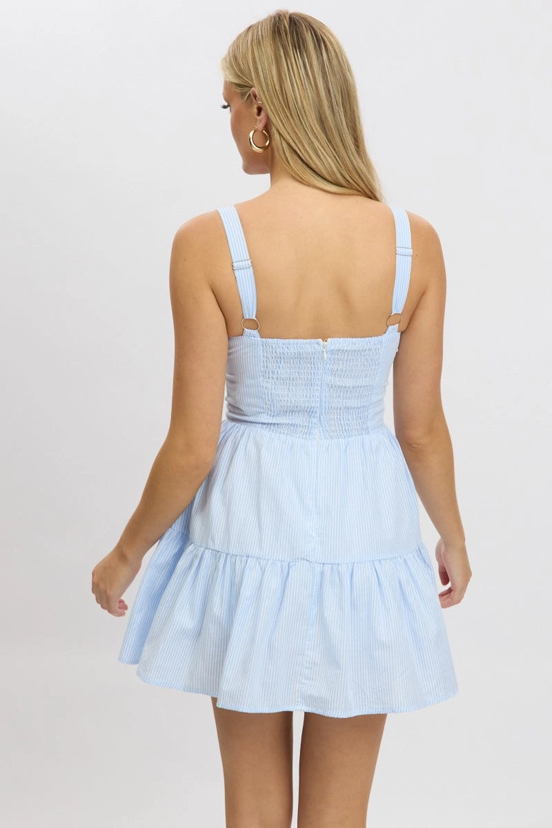 Blue Stripe Fit And Flare Dress Mini Gathered Bust