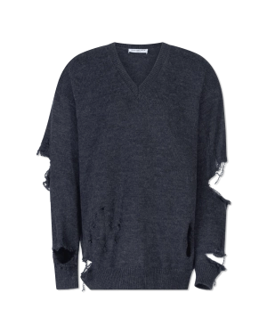 Distressed Wool V-Neck Sweater