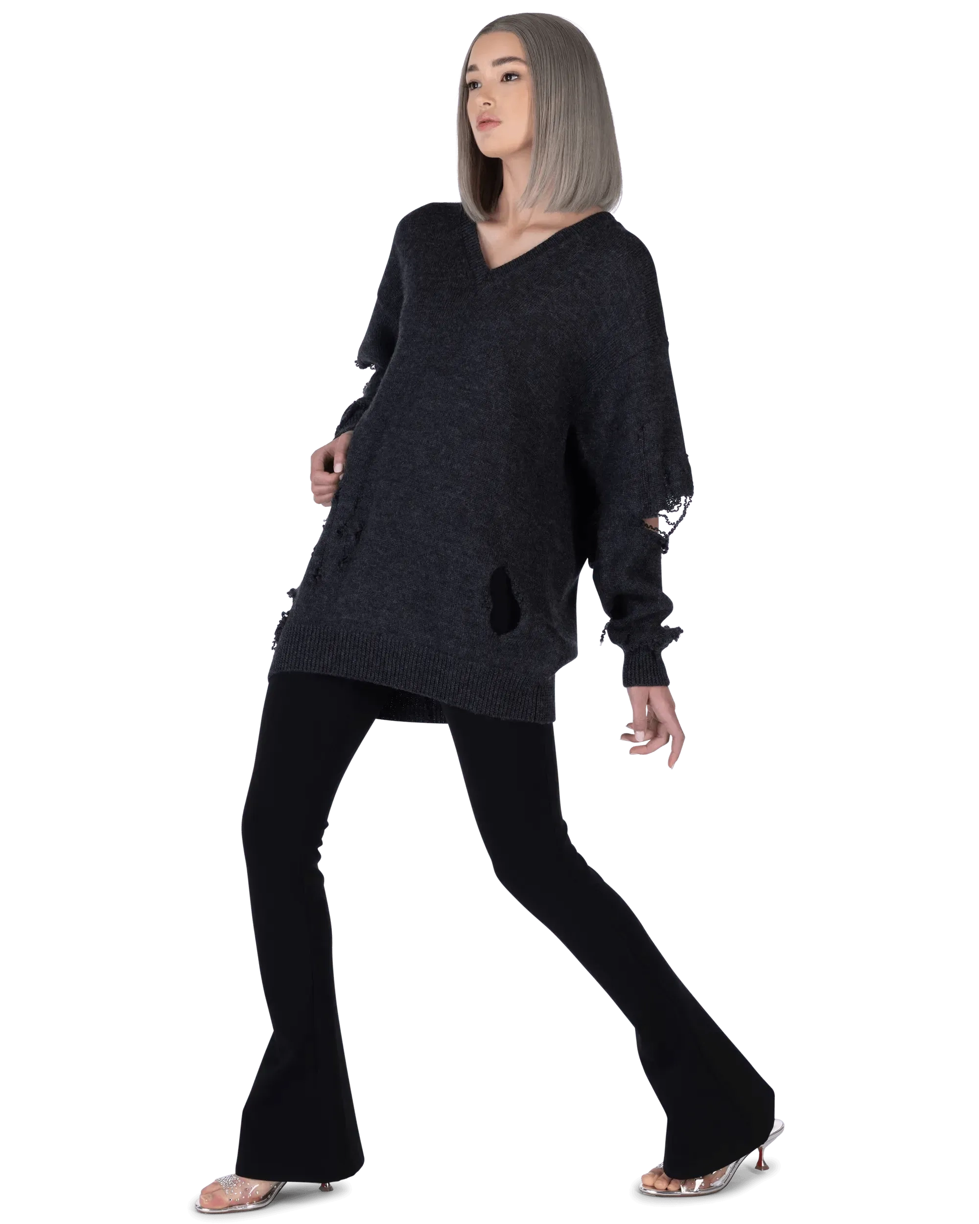 Distressed Wool V-Neck Sweater