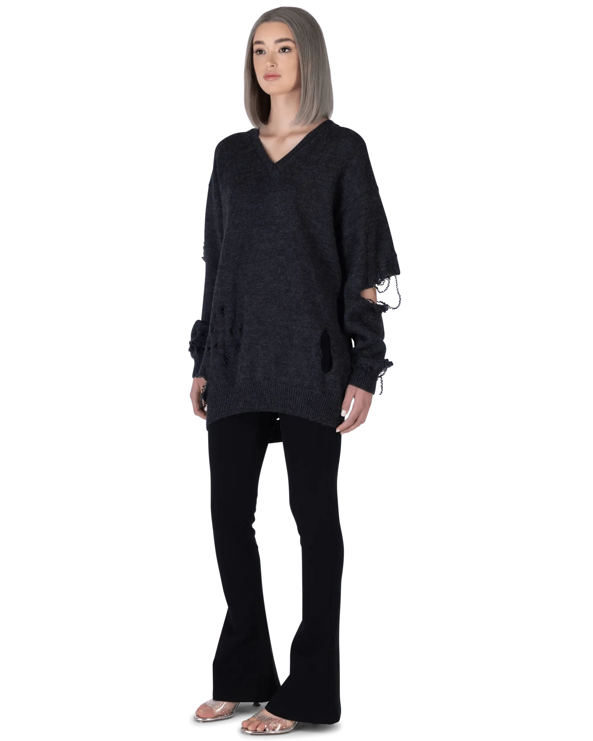 Distressed Wool V-Neck Sweater