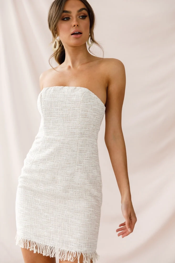 Edith Strapless Tweed Mini Dress Beige