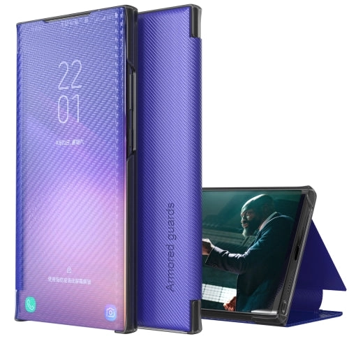 For Samsung Galaxy Note20 Carbon Fiber Texture View Time Horizontal Flip Leather Case with Holder
