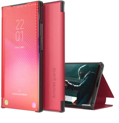 For Samsung Galaxy Note20 Carbon Fiber Texture View Time Horizontal Flip Leather Case with Holder
