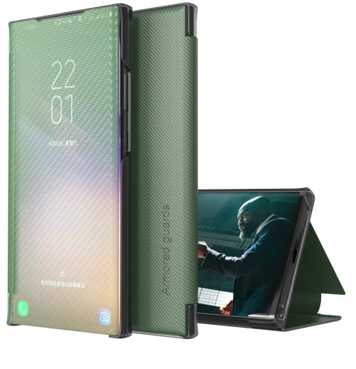 For Samsung Galaxy Note20 Carbon Fiber Texture View Time Horizontal Flip Leather Case with Holder