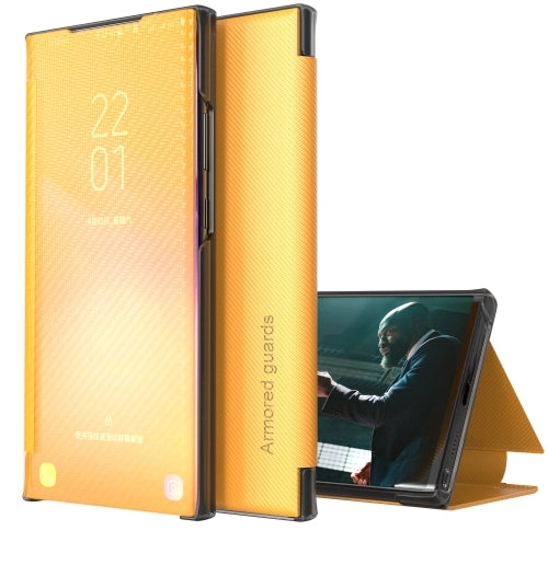For Samsung Galaxy Note20 Carbon Fiber Texture View Time Horizontal Flip Leather Case with Holder