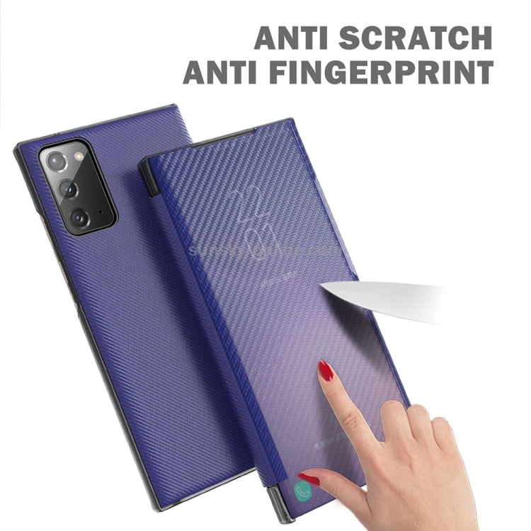 For Samsung Galaxy Note20 Carbon Fiber Texture View Time Horizontal Flip Leather Case with Holder