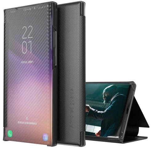 For Samsung Galaxy Note20 Carbon Fiber Texture View Time Horizontal Flip Leather Case with Holder