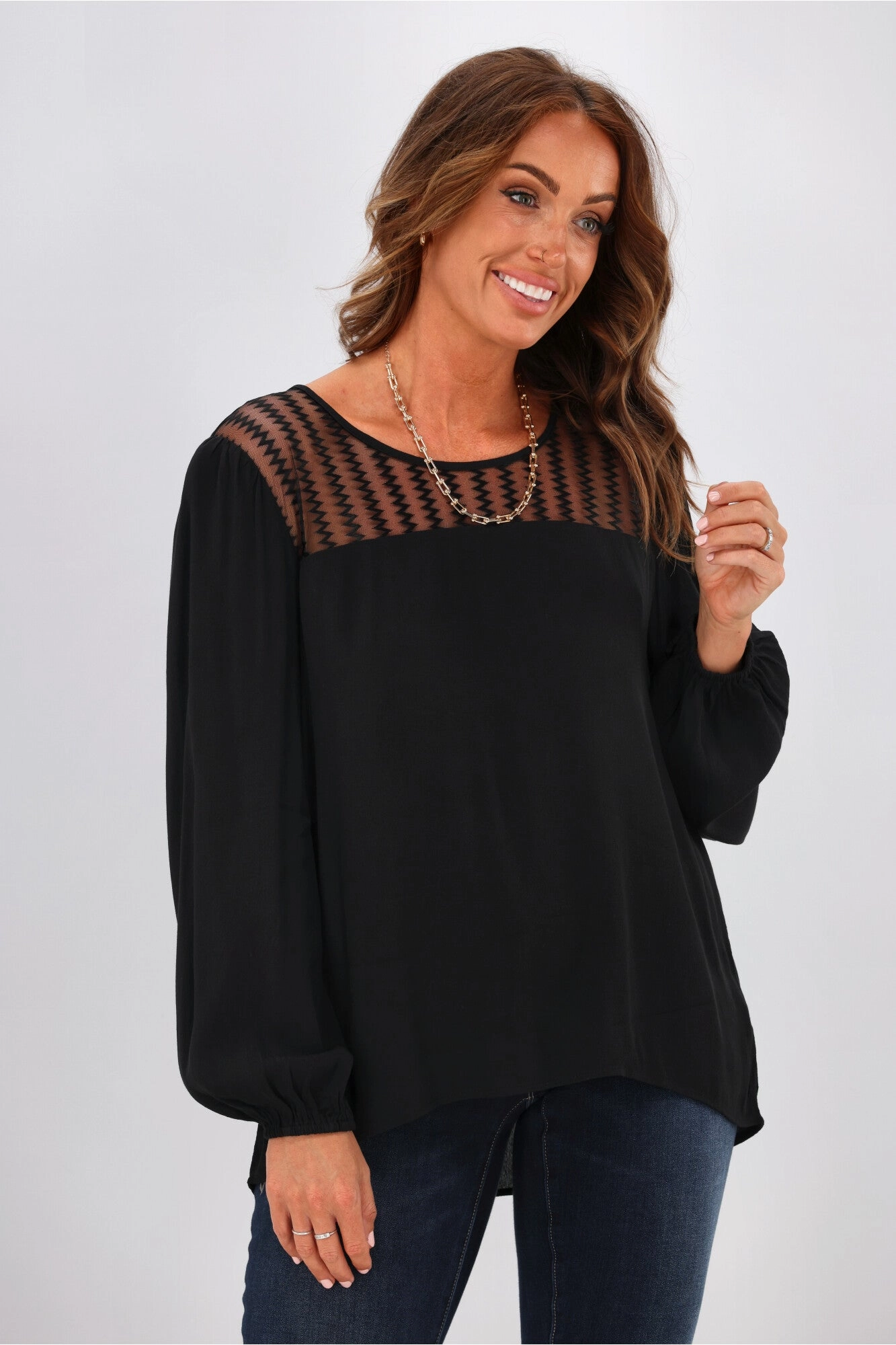Gloss by Shine On Frankie Zig Zag Mesh Blouse Black