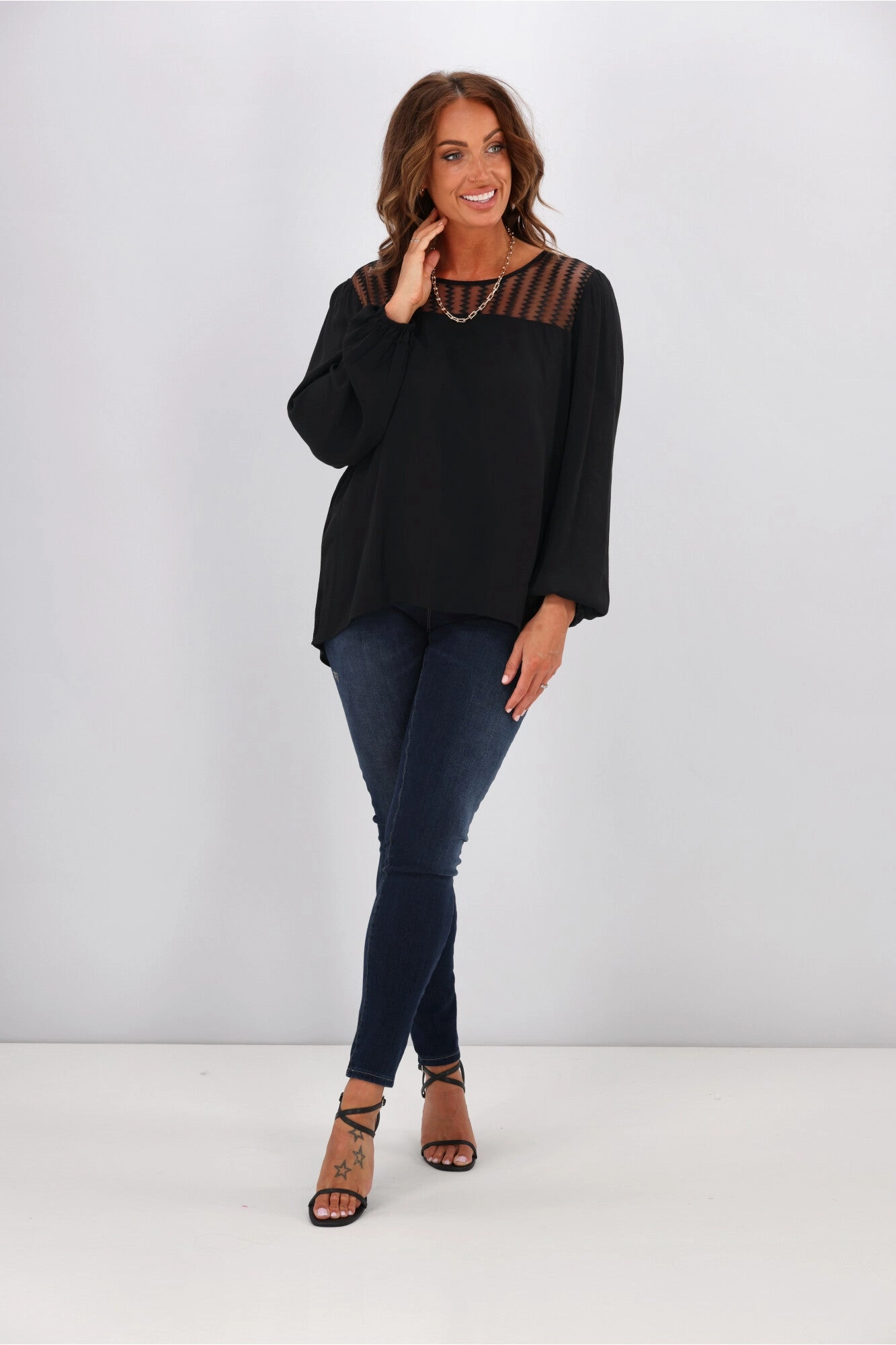 Gloss by Shine On Frankie Zig Zag Mesh Blouse Black