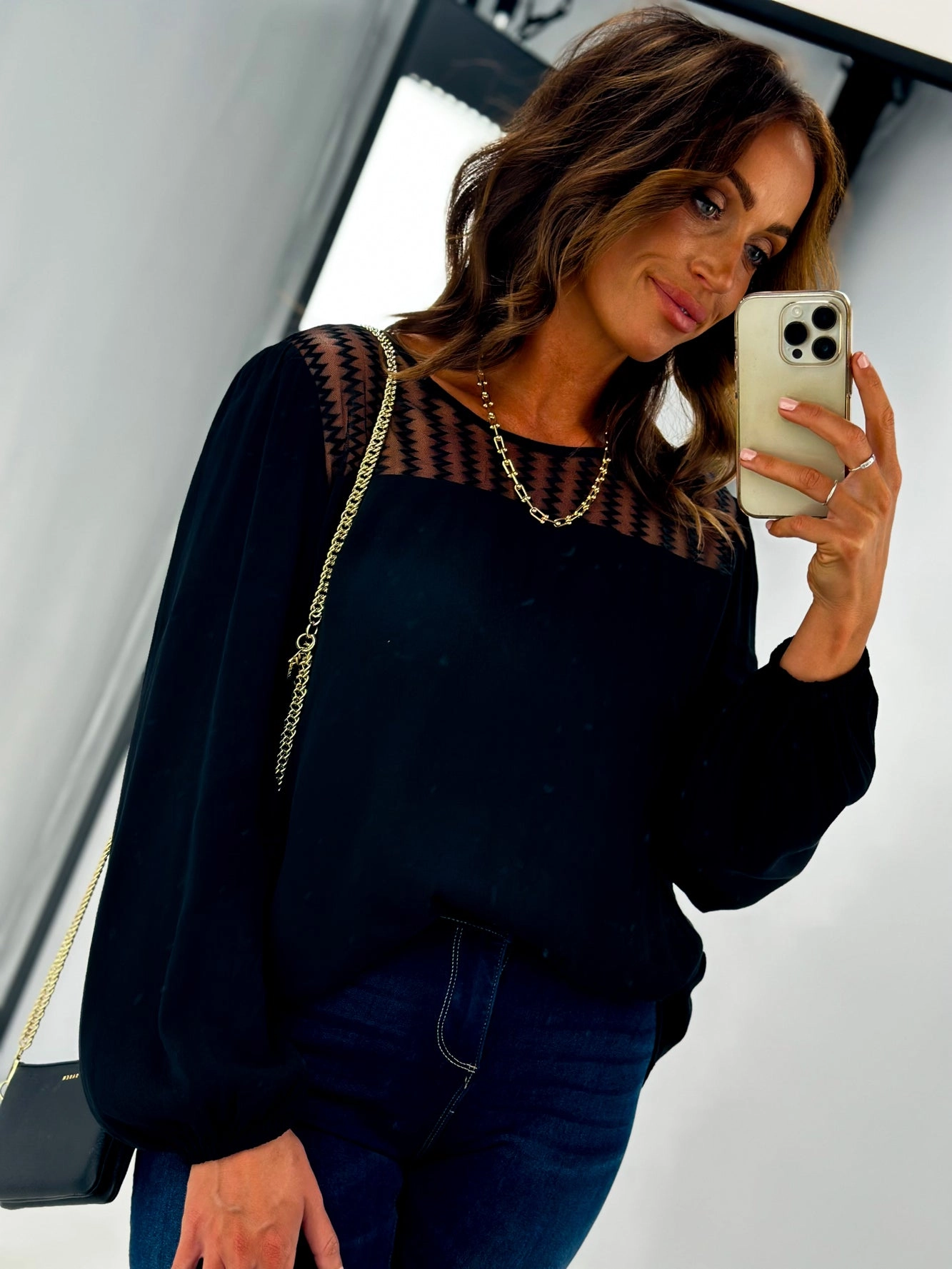 Gloss by Shine On Frankie Zig Zag Mesh Blouse Black