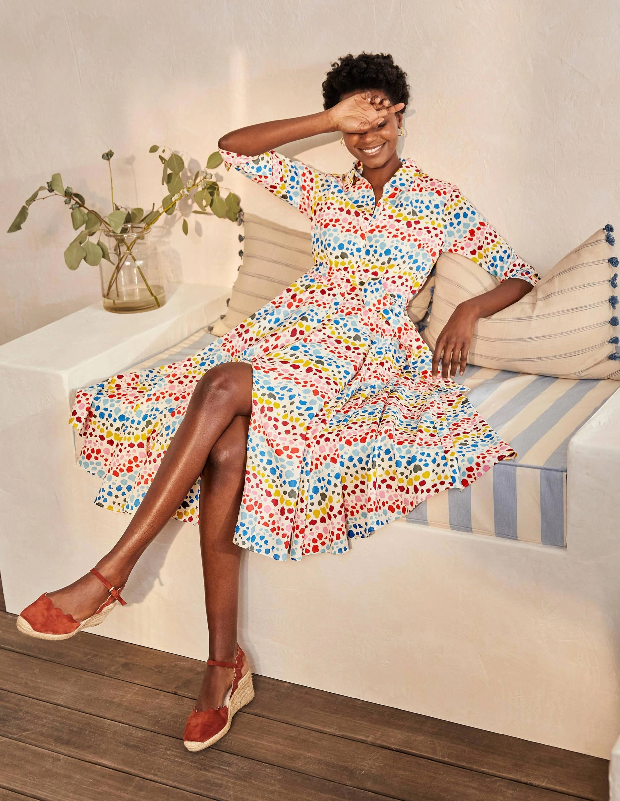 Kitty Midi Shirt Dress-Ivory, Multi Rainbow Leopard