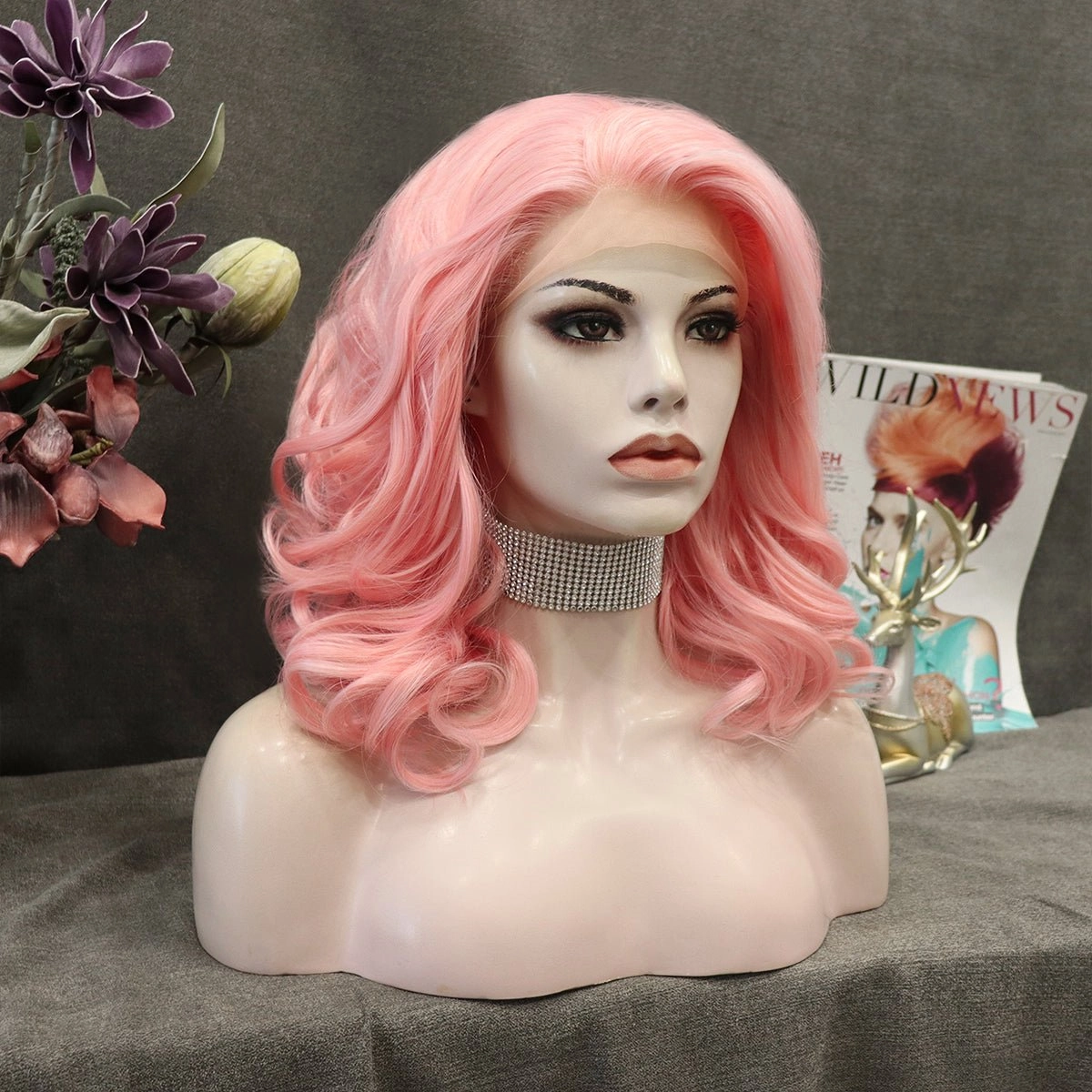 Peach Pink Medium Wavy Synthetic Wigs IM19125