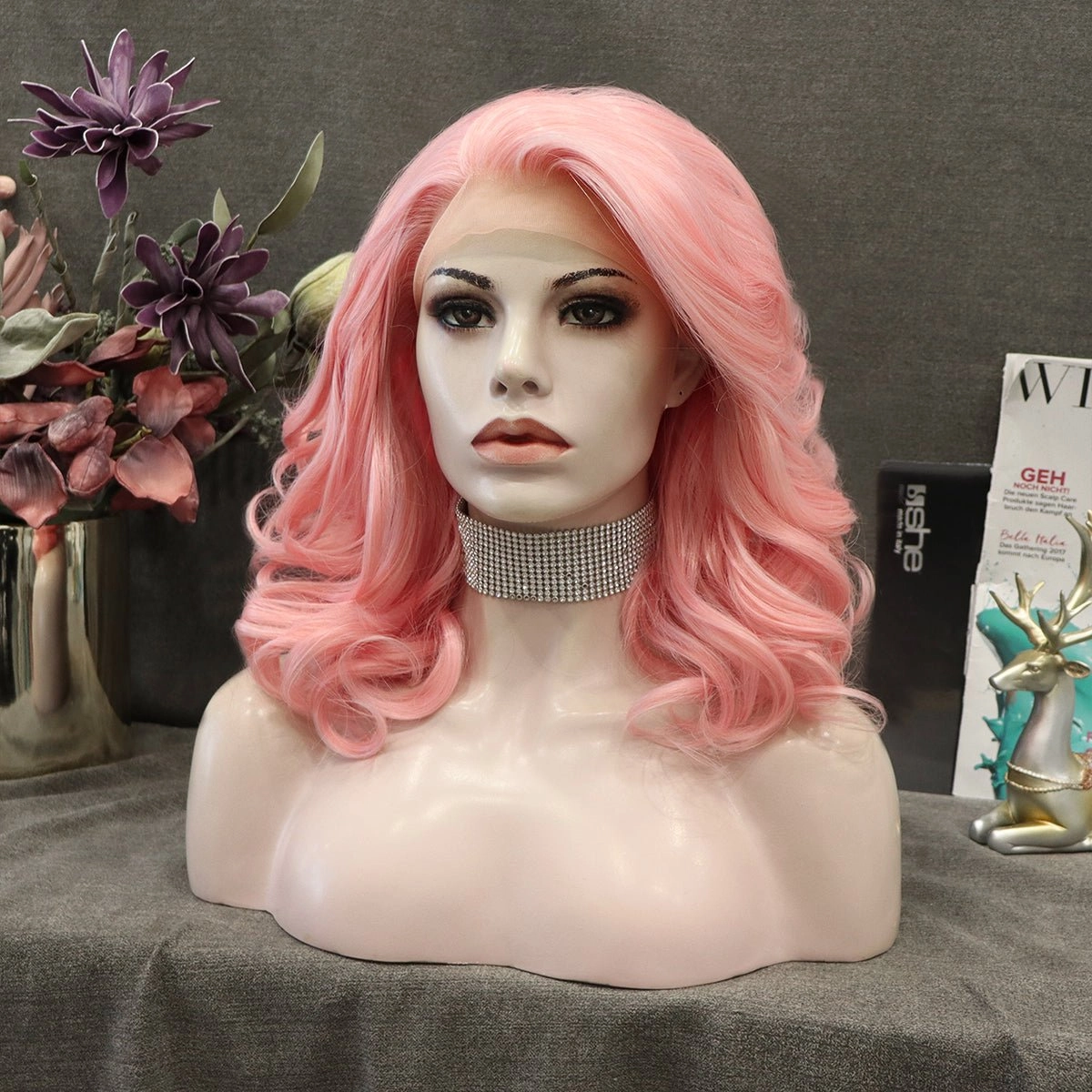 Peach Pink Medium Wavy Synthetic Wigs IM19125