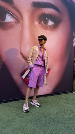 Sam Kothi in our Geometric Printed Long Hoodie paired with Lilac Linen Shirt with Cording Pocket detailing and Lilac Short