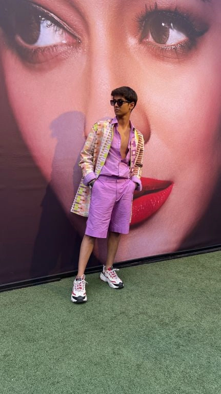 Sam Kothi in our Geometric Printed Long Hoodie paired with Lilac Linen Shirt with Cording Pocket detailing and Lilac Short