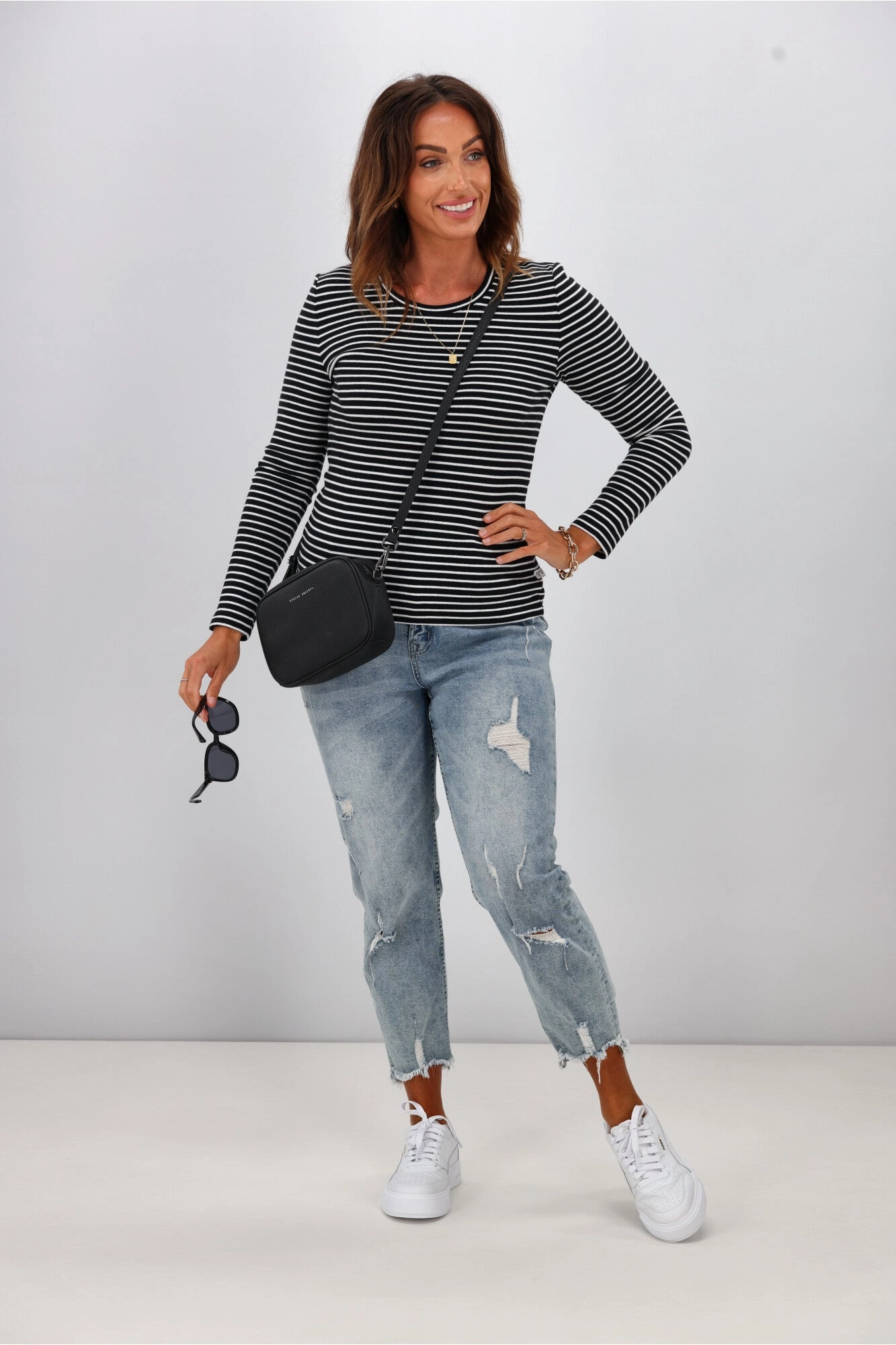 Shine On Essentials Stripe Rib Long Sleeve Black and White