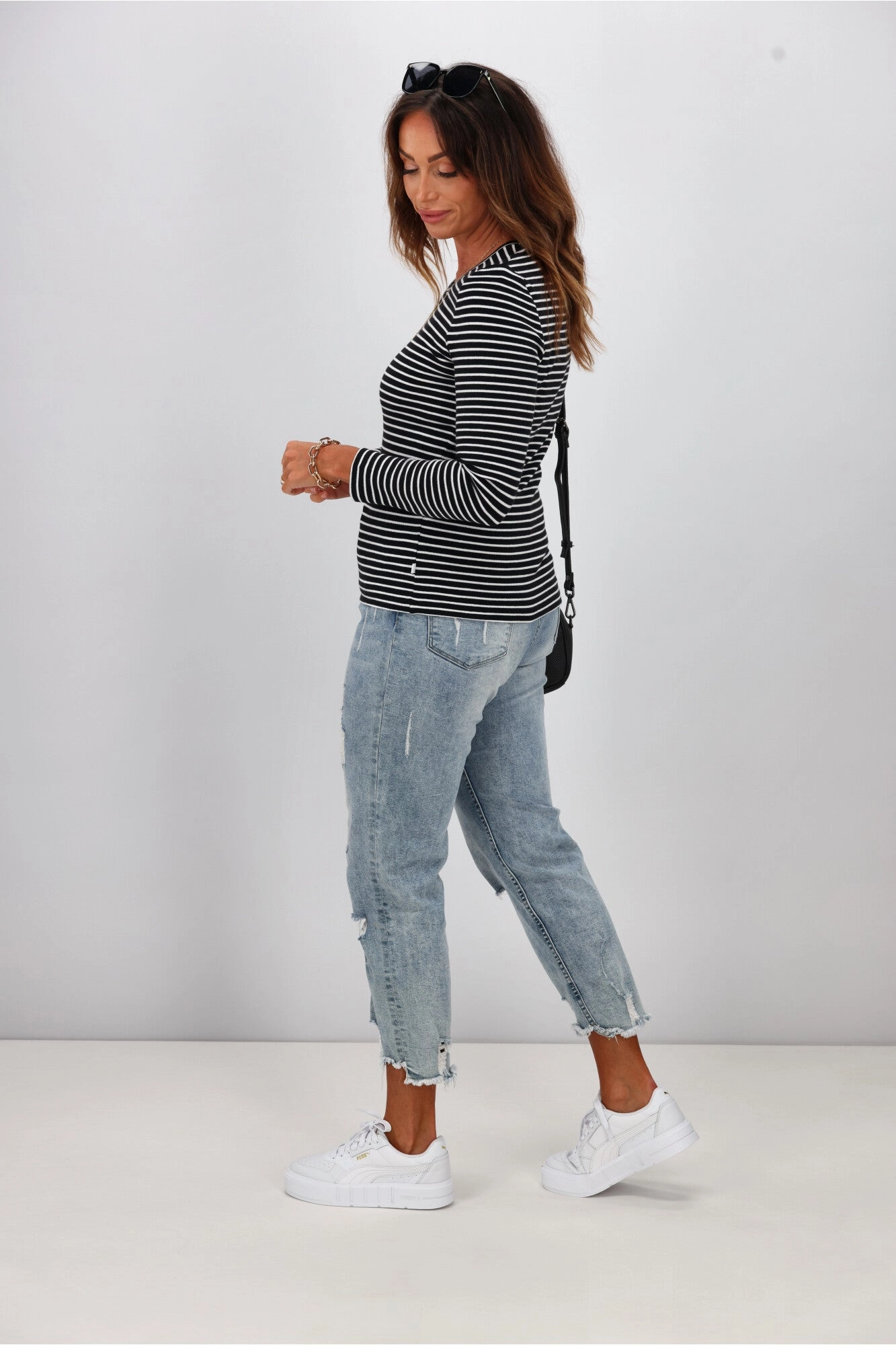 Shine On Essentials Stripe Rib Long Sleeve Black and White
