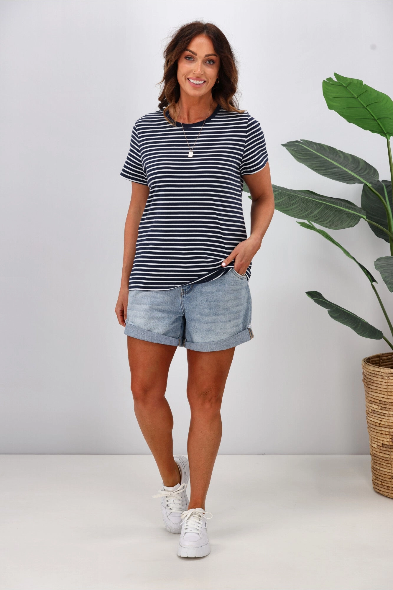 Shine On Essentials Stripe Tee Navy White Stripe