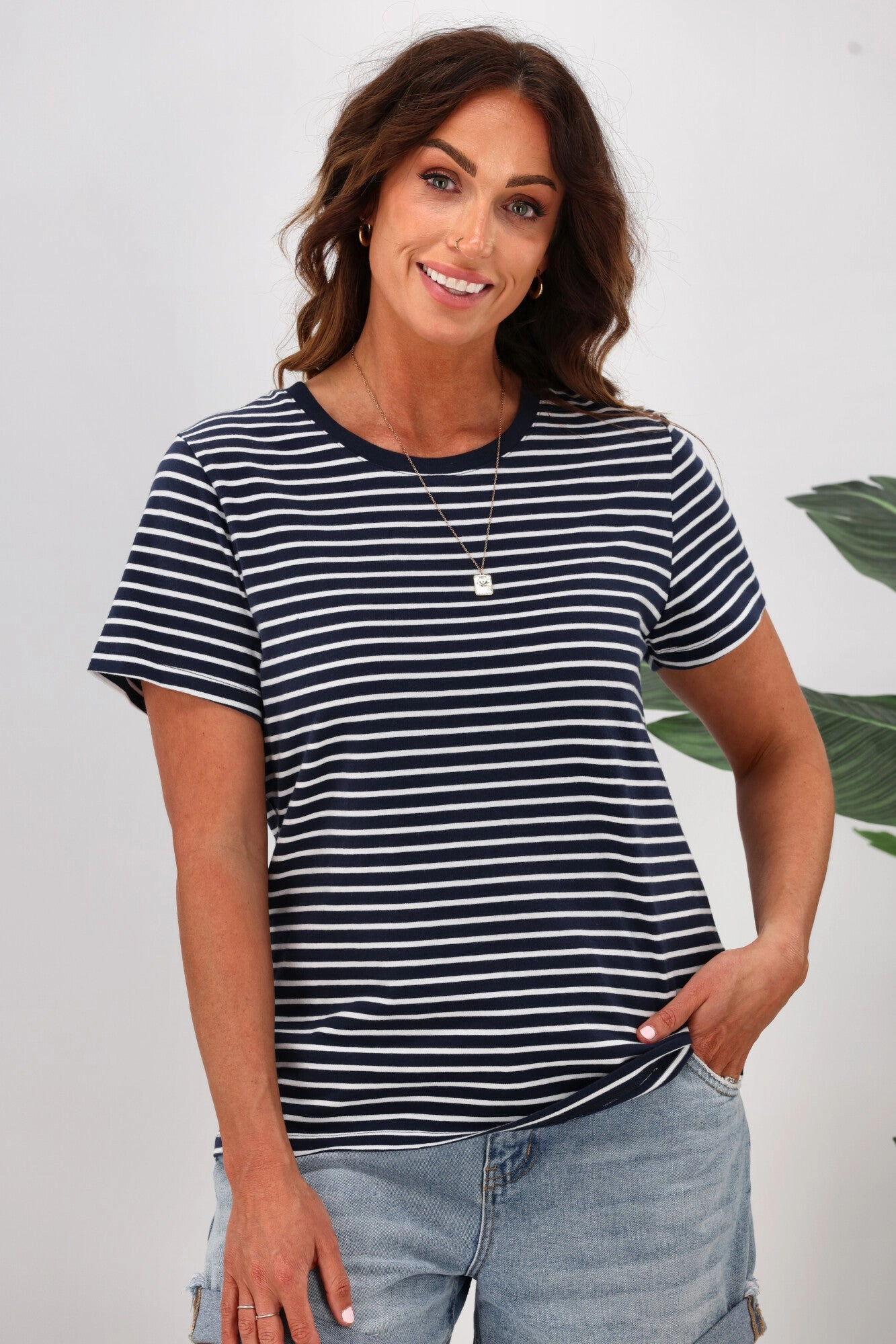 Shine On Essentials Stripe Tee Navy White Stripe