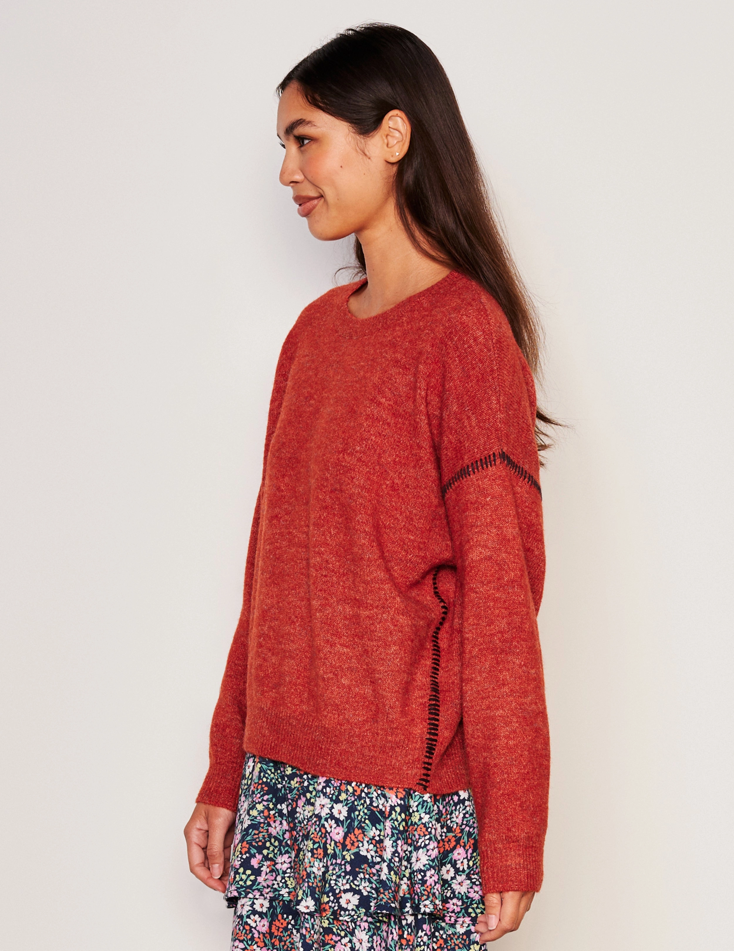 Sundry Baseball Stitch Crew Neck Sweater in Red Rock