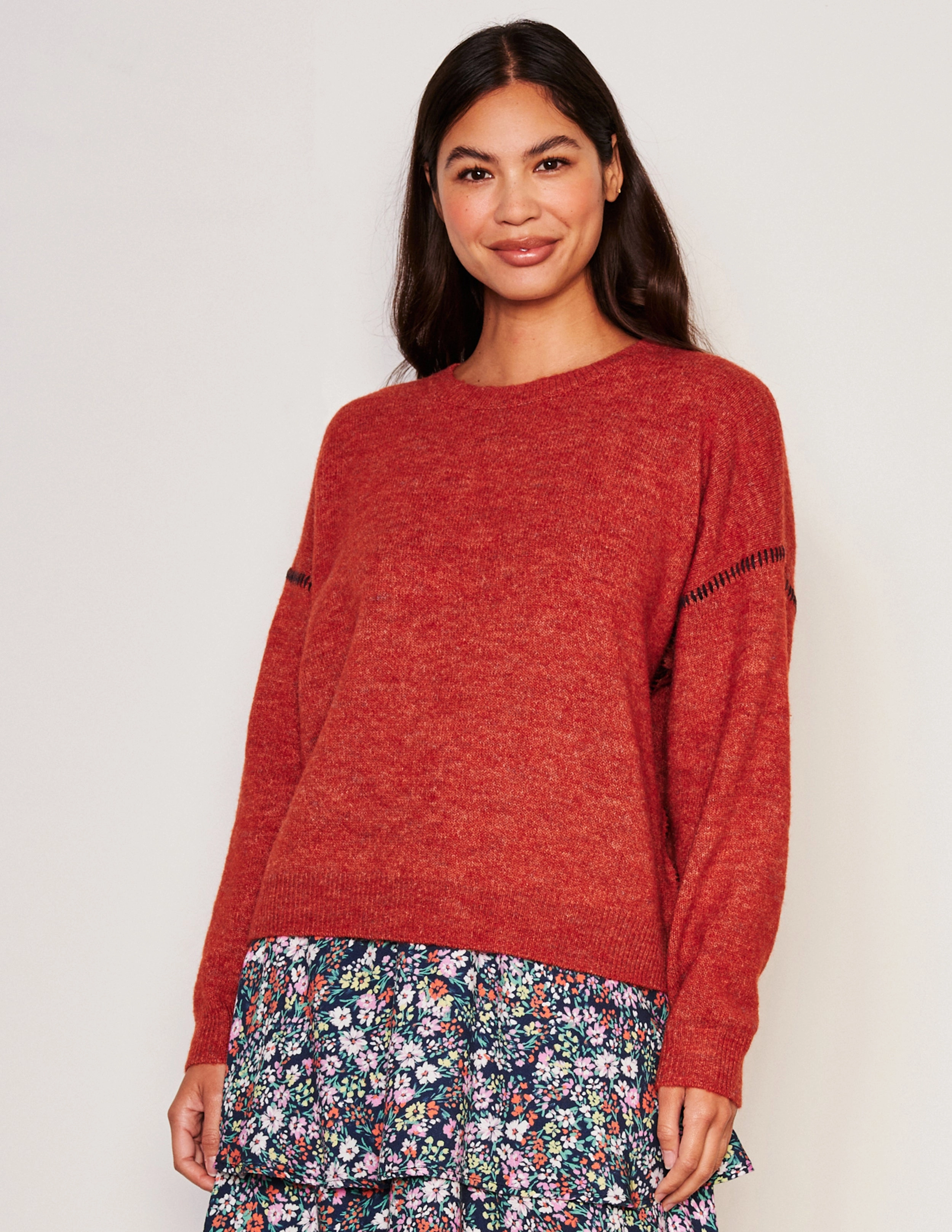 Sundry Baseball Stitch Crew Neck Sweater in Red Rock