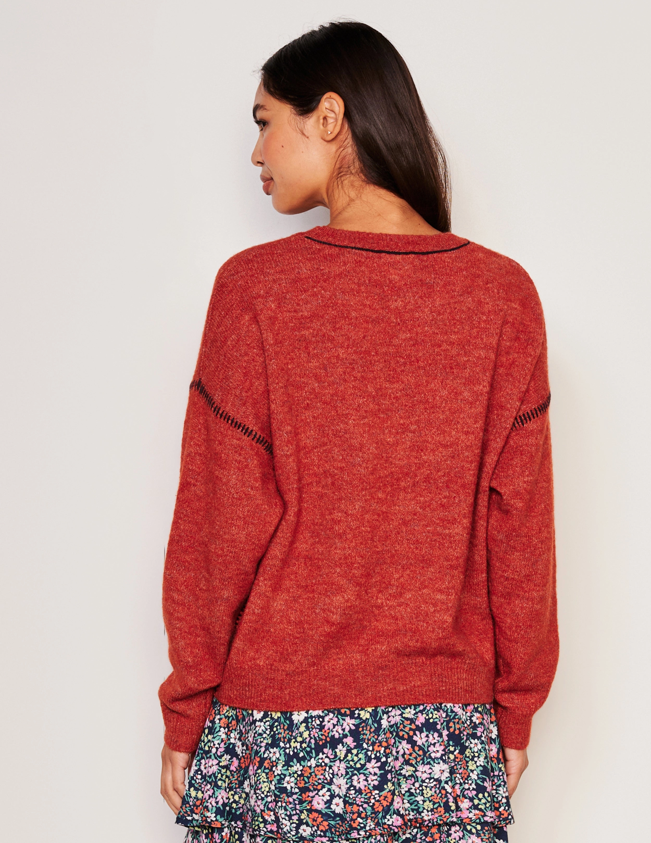 Sundry Baseball Stitch Crew Neck Sweater in Red Rock