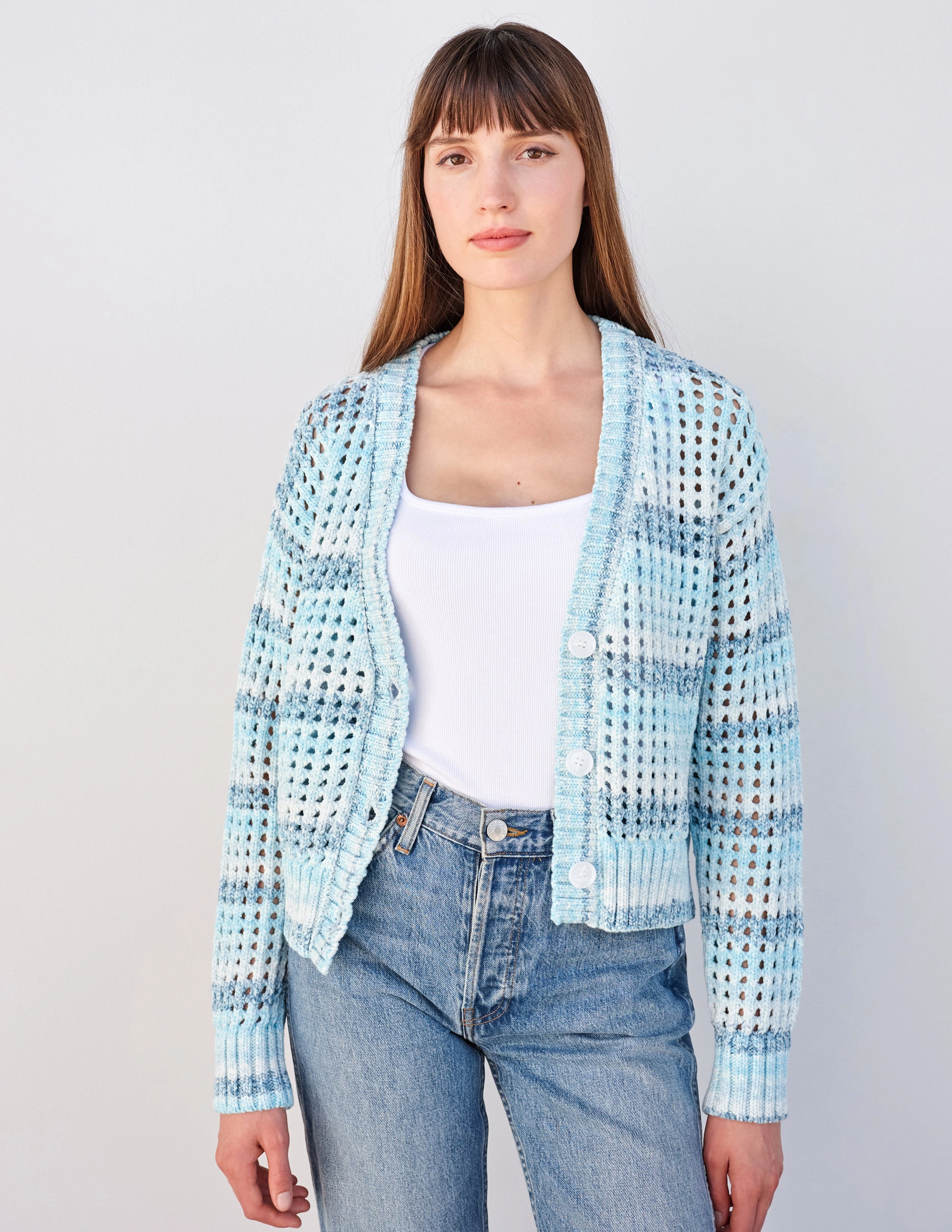 Sundry Boxy Crochet Cardigan in Aruba Blue