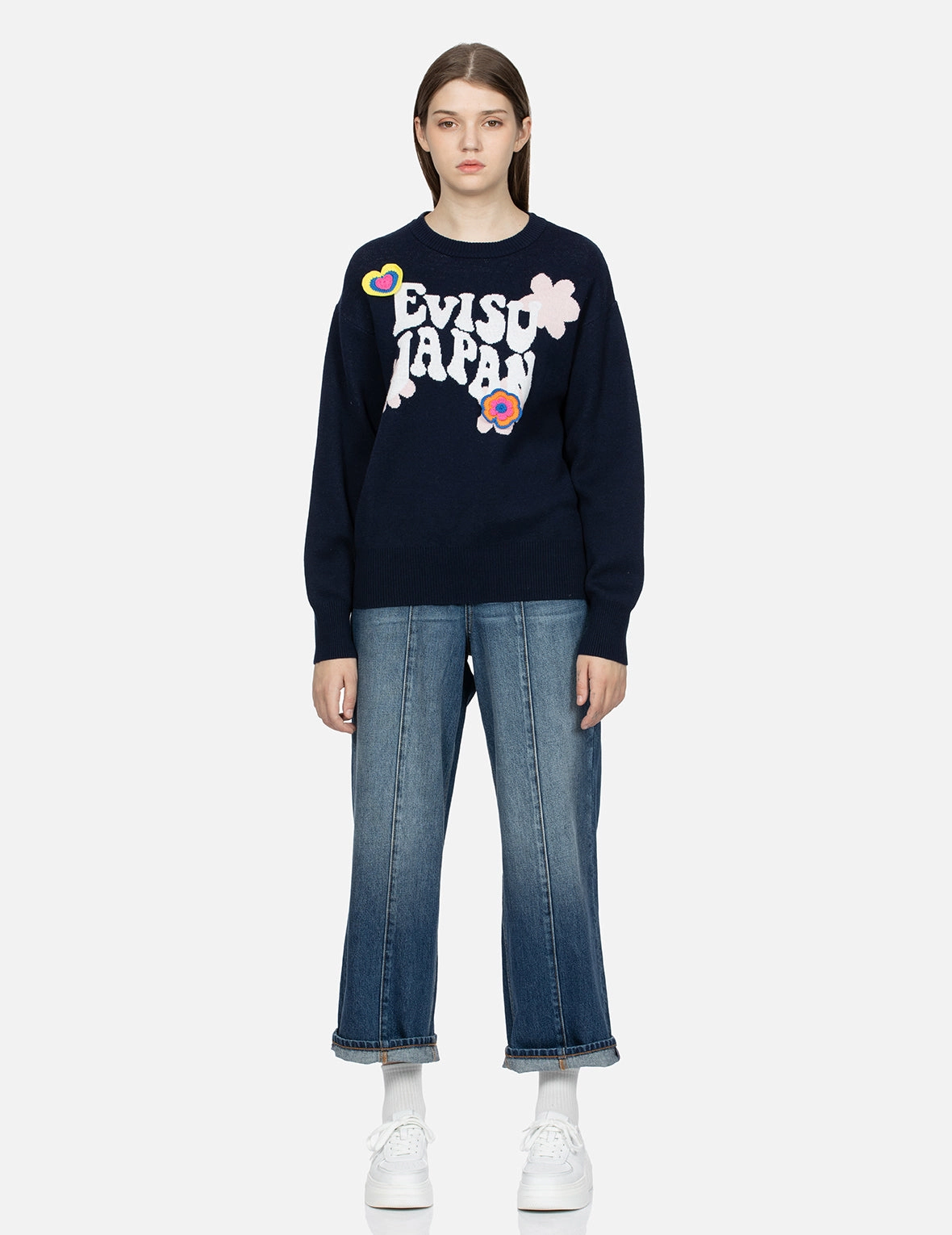 Text Jacquard Fashion Fit Knit Sweater with Crochet Badges