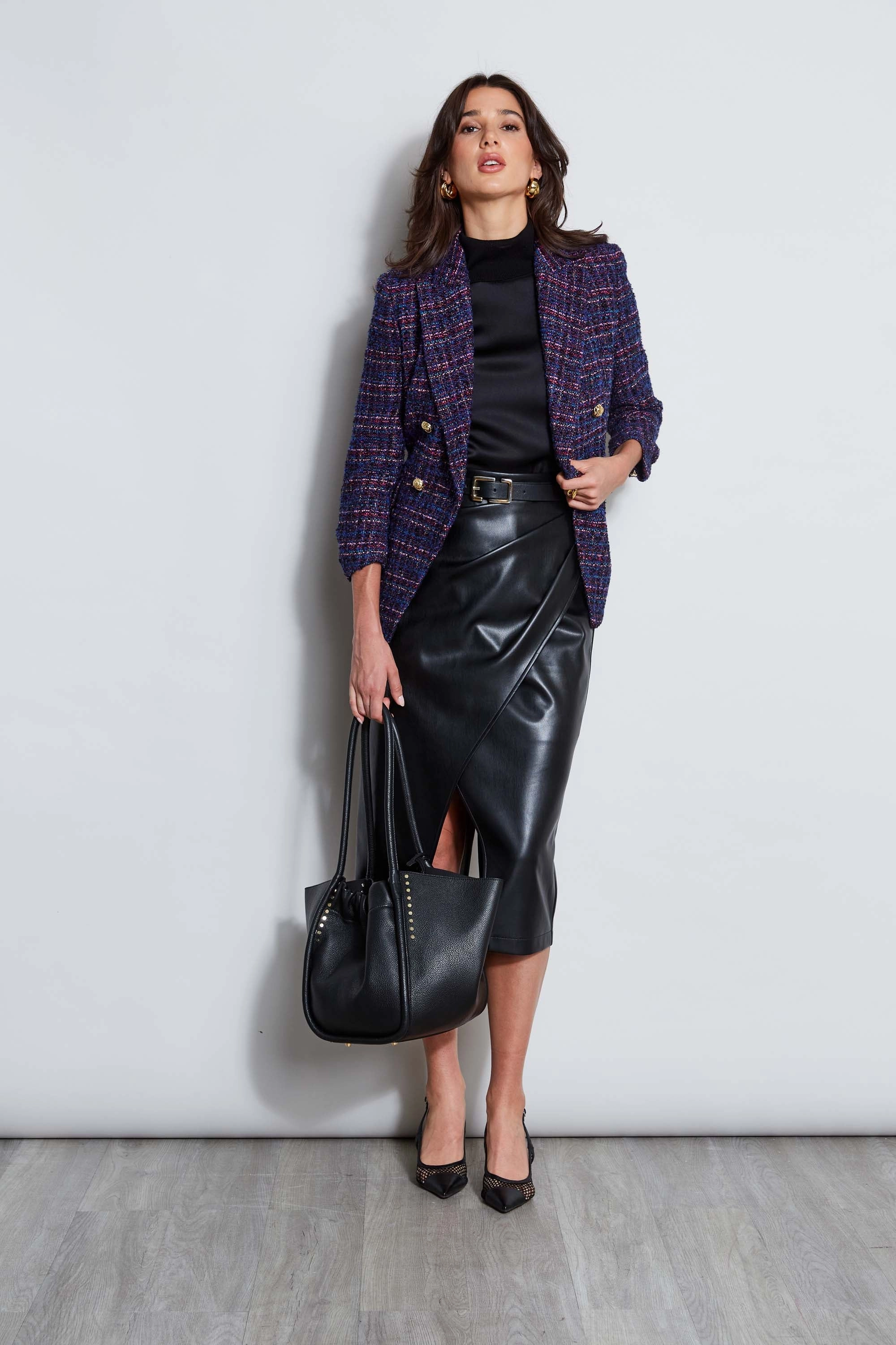 Tweed Ruched Sleeve Double Breasted Blazer