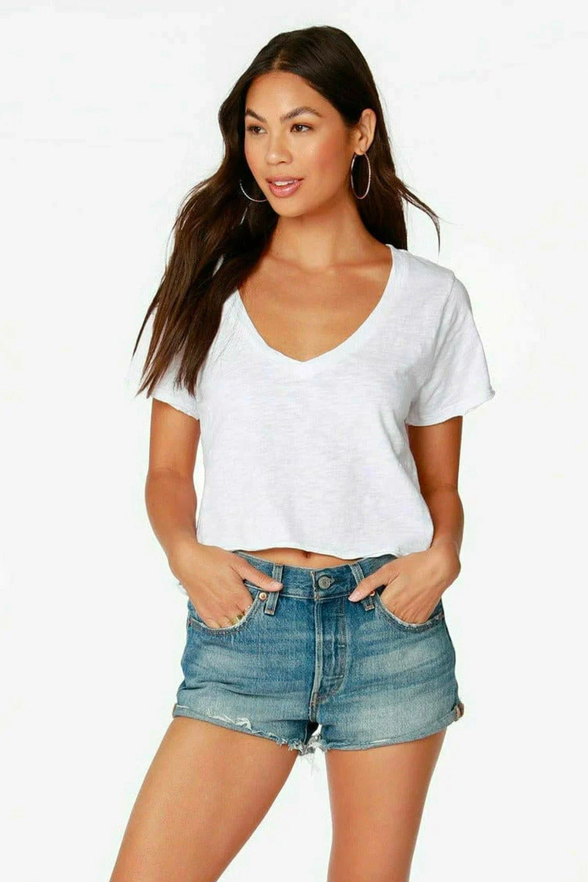 V Neck Short Sleeve Tee - White