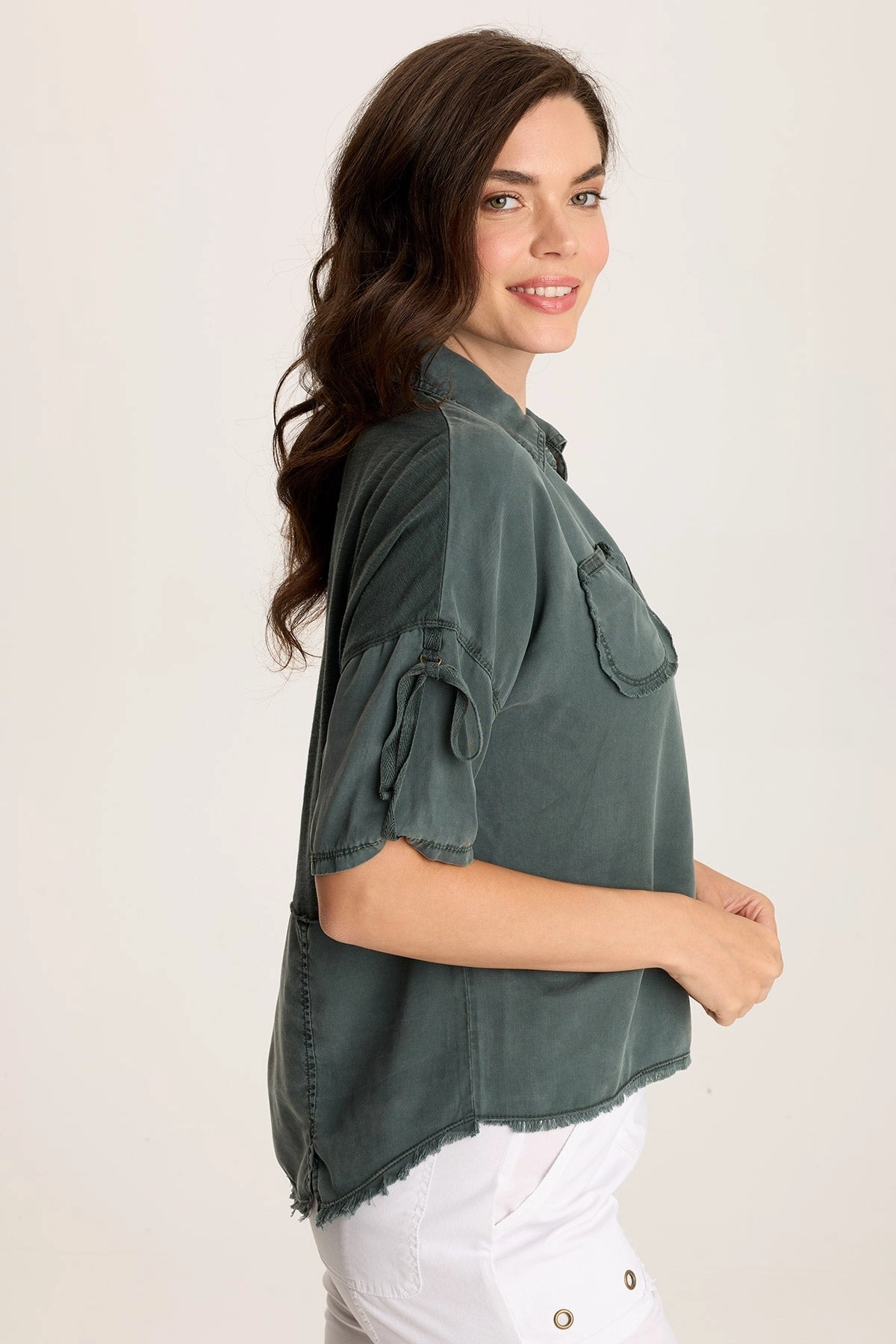 Vinton Twill Jersey Button-Up Collared Top