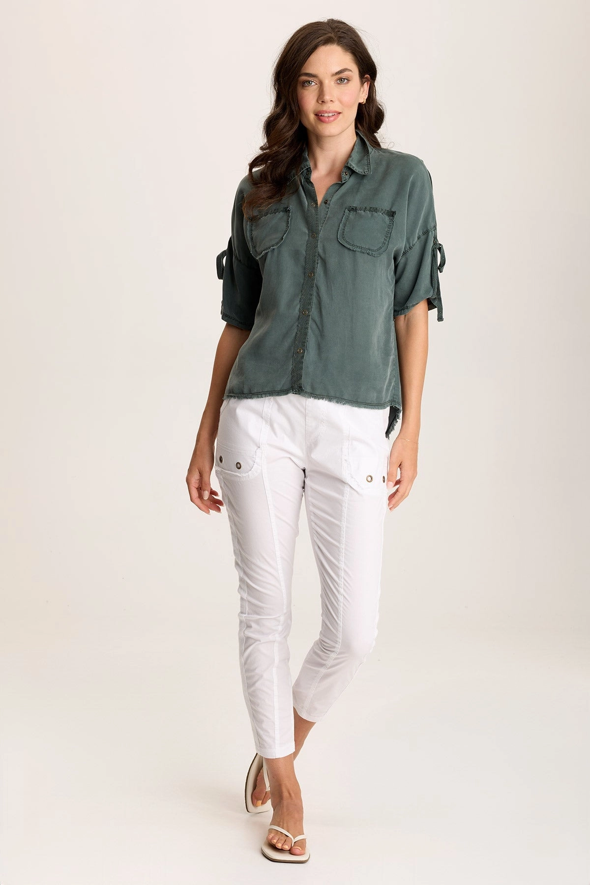 Vinton Twill Jersey Button-Up Collared Top