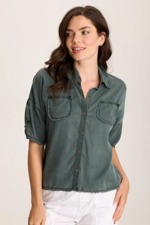 Vinton Twill Jersey Button-Up Collared Top